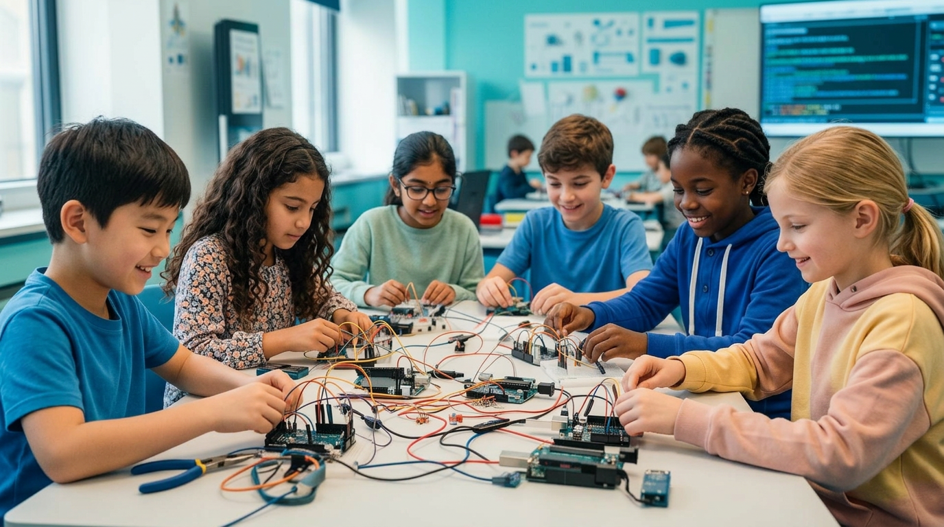 Niños trabajando con tecnología